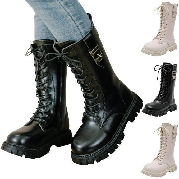 Dakaela Girls Combat Boots Leather Mid Calf Lace up Riding Boot Side Zipper Punk Goth Fall Winter Dress Shoes for Little Kid Black 10.5