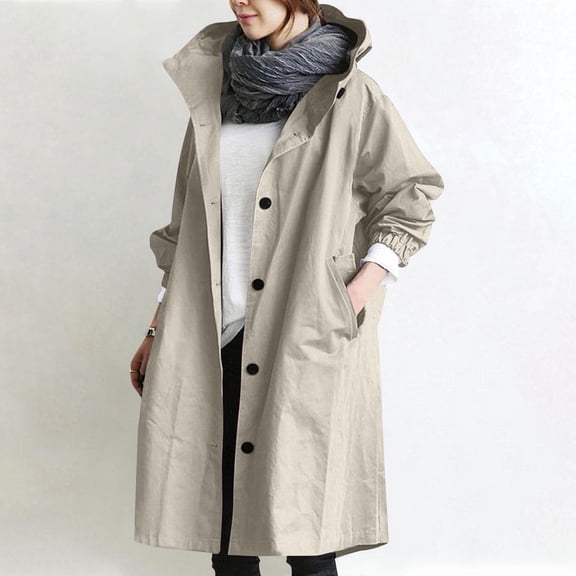 Women Solid Color Hooded Trench Coat Mid Length Single Breasted Long Sleeve Outerwear Loose Casual Windbreaker Fashion Lightweight Overcoat Beige 3XL