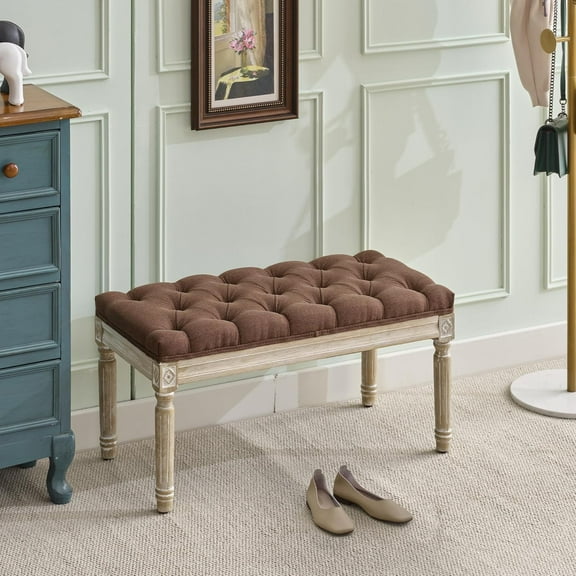 Vintage Bench, Linen Fabric Entryway Bench, Upholstered Tufted End of Bed Bench with Brushed Wood Legs