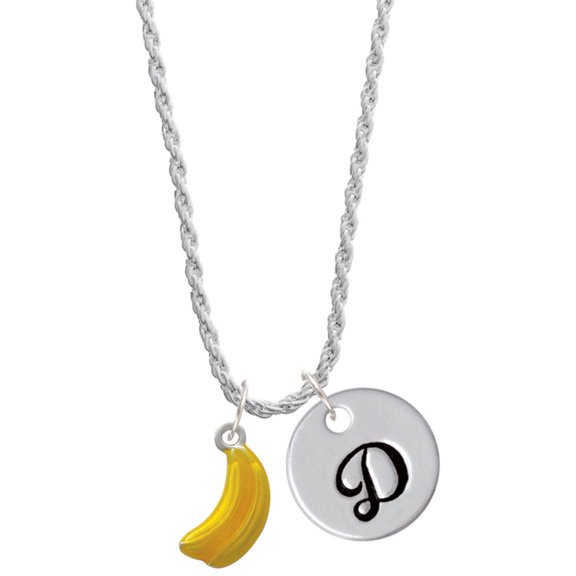 Delight Jewelry Silvertone 3-D Yellow Enamel Bananas Silvertone Script Initial Disc - D - Charm Necklace, 20"+3"