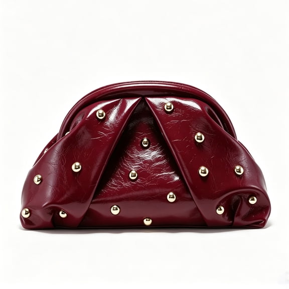 Women’s Burgundy Studded Clutch Purse, Ruched Faux Leather Cloud Bag for Party and Evening