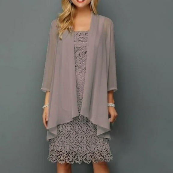 Solid Color 2 Piece Suit for Women Lace Patchwork Tank Dress and Ruffle Hem Mid Sleeve Two Piece Set Casual Loose Outfits