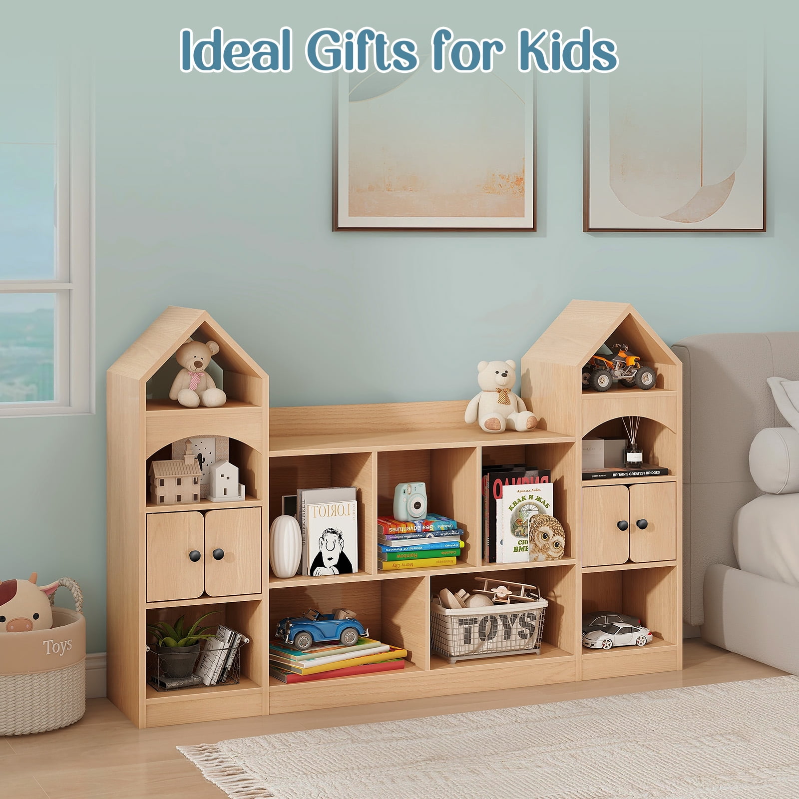 Vabches Kids Bookcase and Toy Storage Organizer, Children Bookshelf, Castle Shape, Playroom Furniture Multipurpose Shelf for Toddlers to Organize Toys and Books Magic Castle, Oak