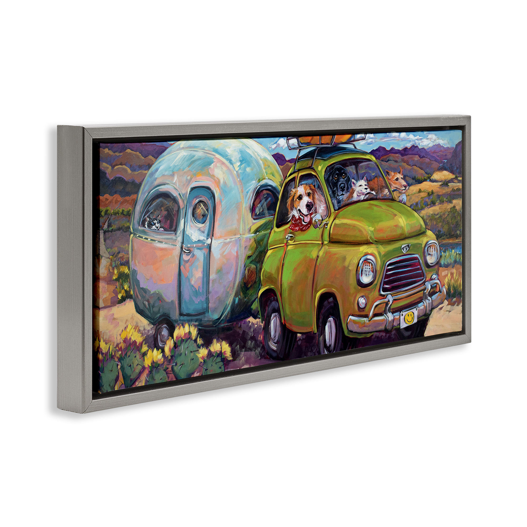 Stupell Industries Dogs Driving Camper Van Animals & Insects Painting Gray Floater Framed Canvas Art Print Wall Art, 25 x 11