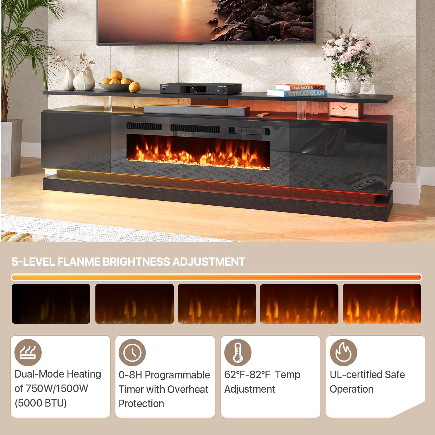 BaPiPro 70" Fireplace TV Stand for TVs Up to 80", Modern Entertainment Center, Black TV Console with 36" Electric Fireplace & LED Lights, Black