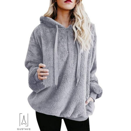 - GustaveDesign Women's Fleece Long Sleeve Pullover Hoodies with 1/4 Zip Up Sweatshirt Jumper Warm Sweaters (Gray,XL)