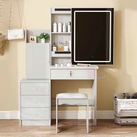 Kadyn Makeup Dressing Table with 4 Drawers & 9 Storage Spaces, Hidden Compartments and Cushioned Stool, Vanity Desk Set with Sliding Lighted Mirror for Bedroom, Home Office, White