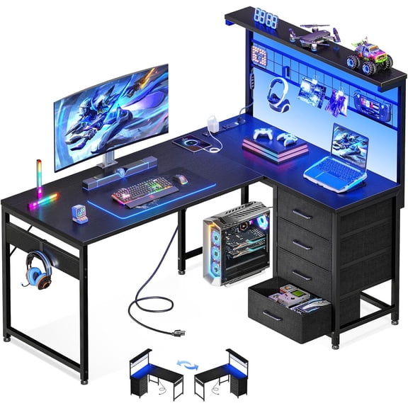 L Shaped Gaming Desk with Shelf & 4 Drawers, 43" Reversible Computer Desk with LED Light, Home Office Table with Hutch and Hook, Black
