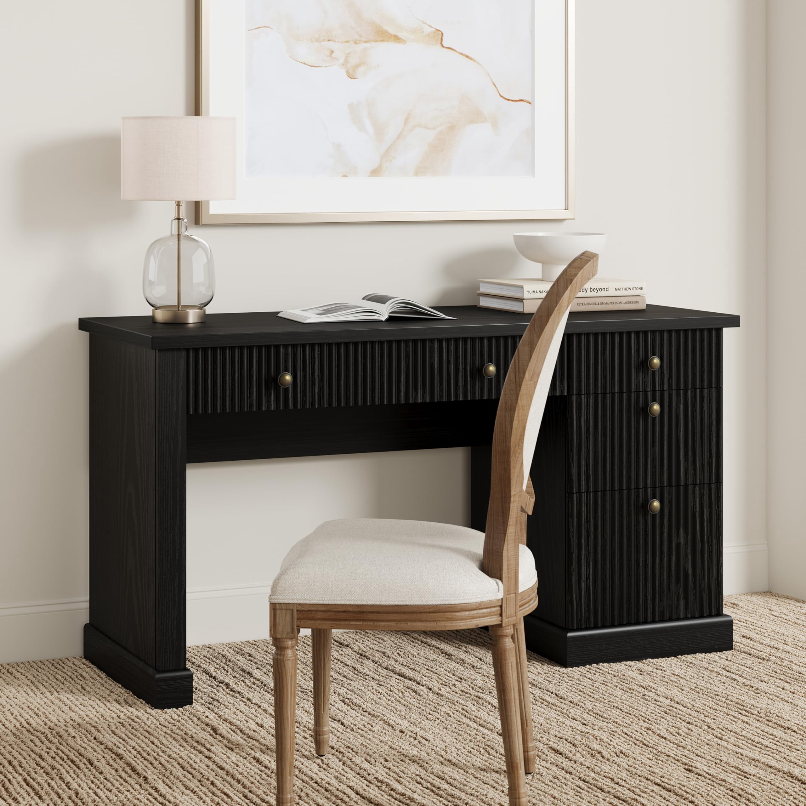 Garvee 54" Wood Executive Desk with Fluted Details & Charging Station – Home Office Computer Desk with File Drawers for Study, Living Room or Bedroom-Black