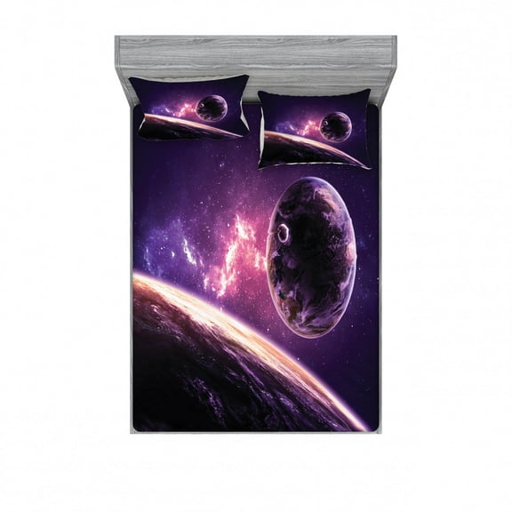 Ambesonne Galaxy Fitted Sheet & Pillow Sham Set, Nebula Celestal Cornet, Queen, Magenta Mauve