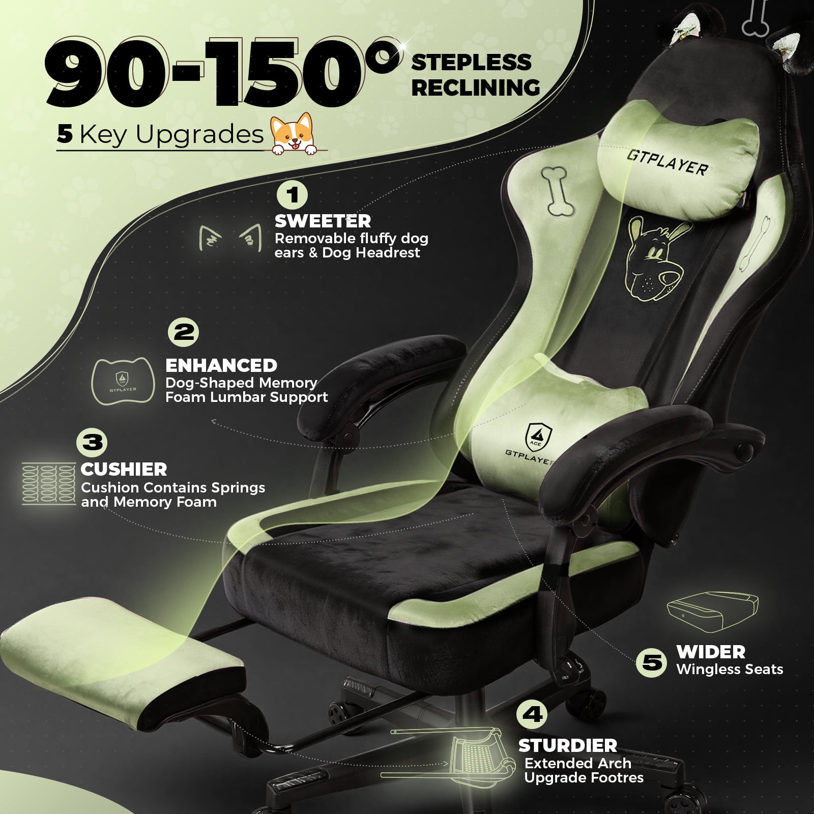 LUCKLIFE Cute Gaming Chair with Cat Paw,Computer Chair with Footrest, Reclining PC Game Chair for Girl, Teen