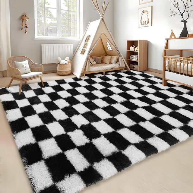 Checkered Rug 8x10 for Living Room, Modern Plush Shag Rug Washable Non-Slip Large Area Rug Super Soft Indoor Fuzzy Carpet Fluffy Rugs for Bedroom Home Aesthetic Decor,Black-White