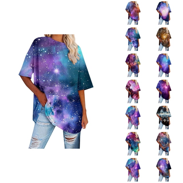 Galaxy T-Shirts pour Femmes 2026 Mode Été Manches Courtes Col Rond Étoile Ciel Espace T-Shirts Graphiques