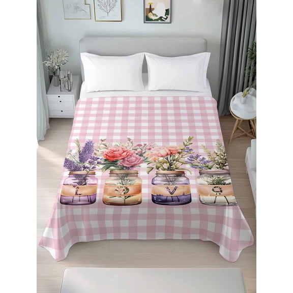 Valentines Flowers Queen Size Flat Sheet, Wrinkleproof & Fadeproof Cooling Flat Bed Sheet Only, Watercolor Floral Botanical Pink Plaid Breathable Soft Bedding Top Sheets 90 x 102 Inches