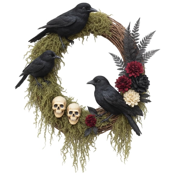 SeekLGT 20 Inch Halloween Wreath, Gothic Black Crow and Rose Artificial Floral Wreath, Front Door Hanging Decoration for Holiday Home Wall Mantel Decor