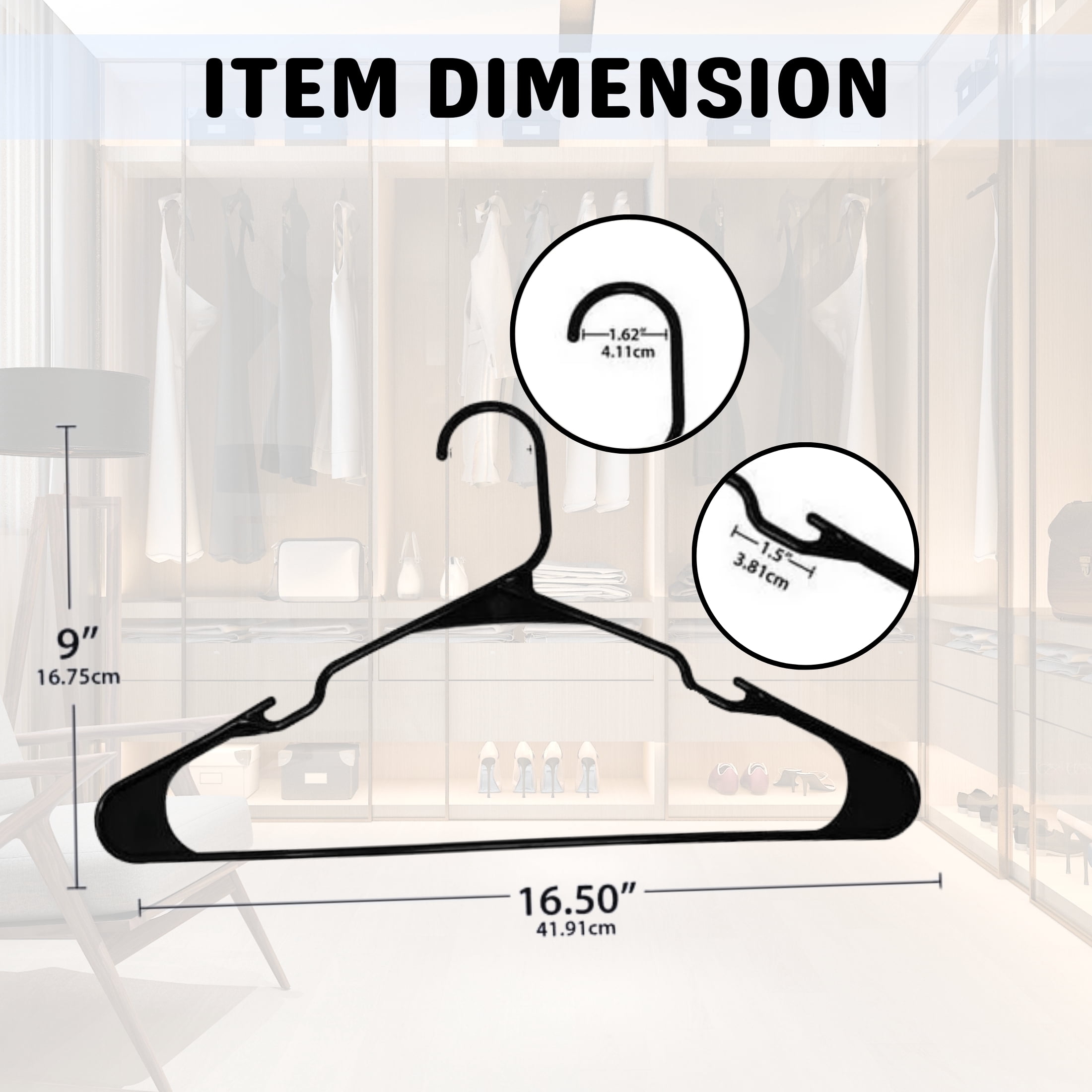 (100) Black Plastic Hangers, 16.5x9in Ultimate Space-Saver Premium Heavy-Duty Clothes Shirts Blouses Dress Multipurpose Non-Slip Hanger Unclutter Home Wardrobe Organizers & CUSTOM Storage Carrier