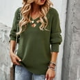 thumbnail image 2 of Suéter de punto cruzado con cuello en V manga larga color puro suéter casual de moda para mujer verde militar S, 2 of 6