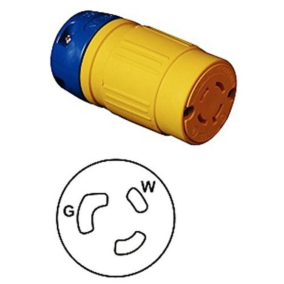 Ericson 2410-C Connector, Perma-Link, NEMA L5-20R, 2 Pole/3 Wire Locking Blade, 20 Amp, 125V, 1 Phase, Safety Yellow