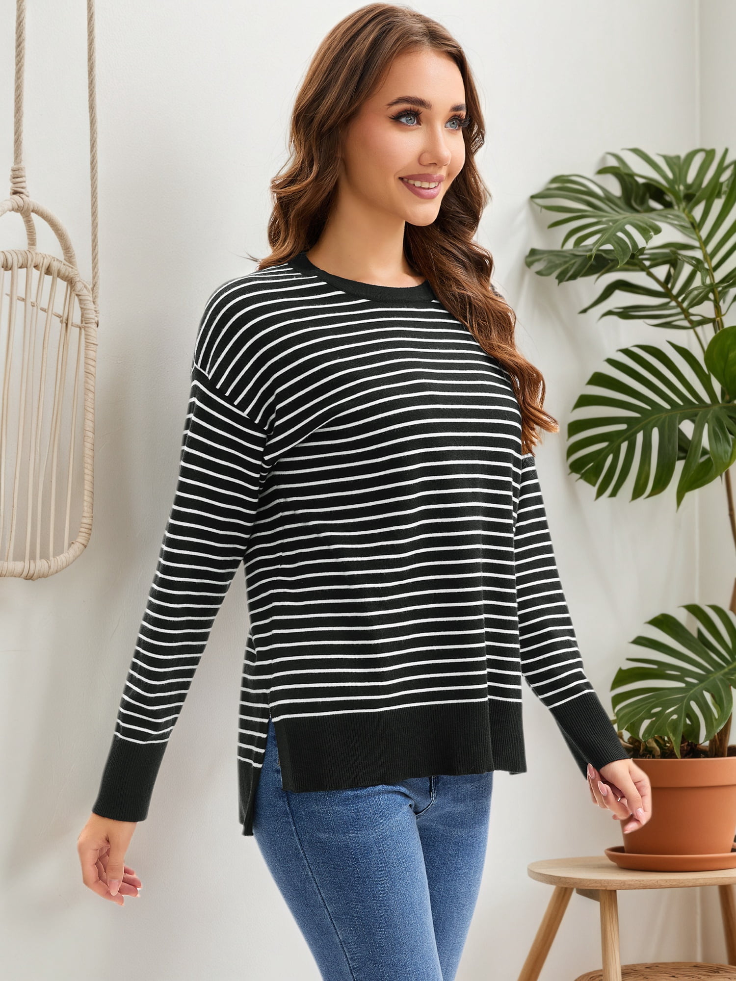 DARING DIVA Women's Striped Side Slits Long Sleeve Pullover Knit Tops L Black-white