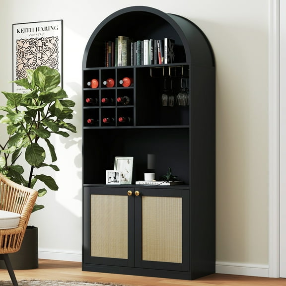 COSVALVE 71" Arched Bar Cabinet with Glass Holder, Wine Rack, Shelves, Doors, Arch Bookshelf (Black)