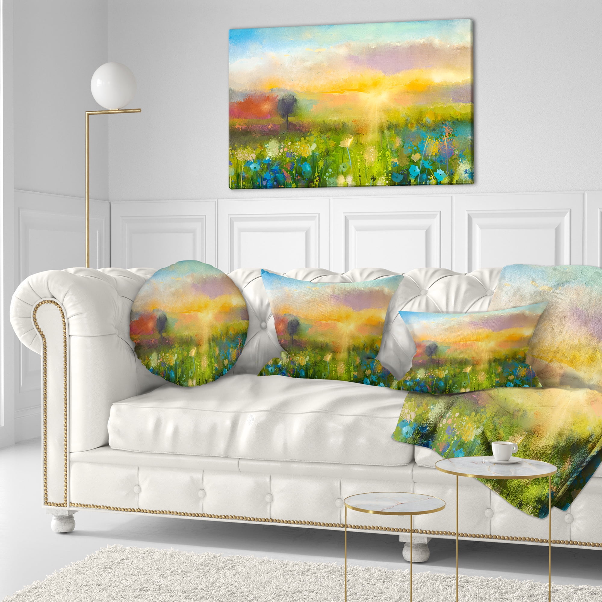 Designart Sunset Meadow Landscape - Contemporary Throw Pillow - 12x20