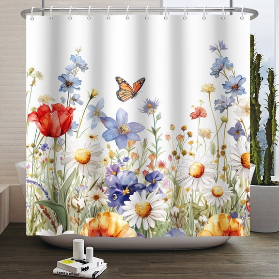 Duangreer Watercolor Wildflower Butterfly Farmhouse Fabric Shower Curtain with 12 Hooks for Bathroom, Waterproof, 72x72 Inches
