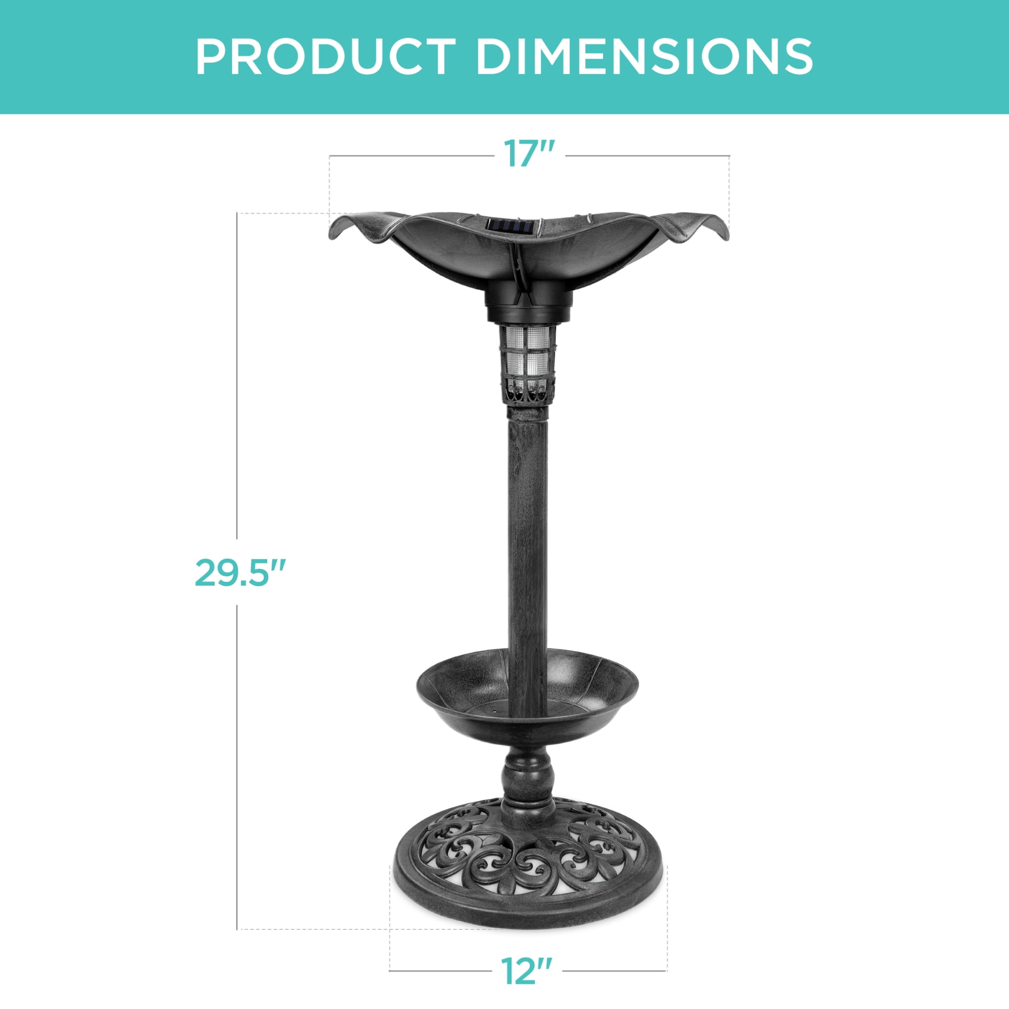 Best Choice Products Solar Lighted Pedestal Bird Bath w/ Planter, Integrated Panel - Black