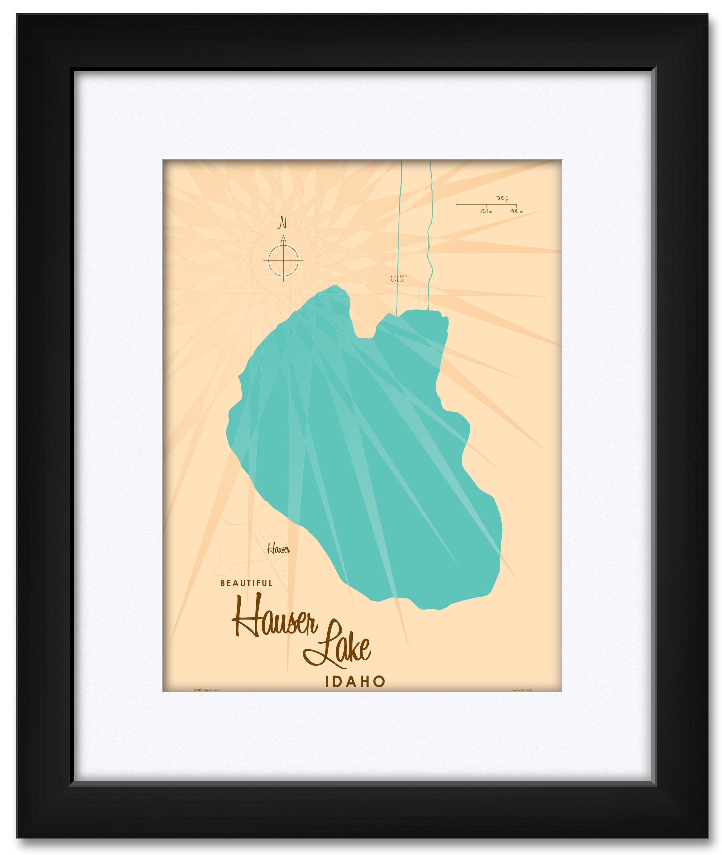 Hauser Lake Idaho Map Framed & Matted Art Print by Lakebound . Print