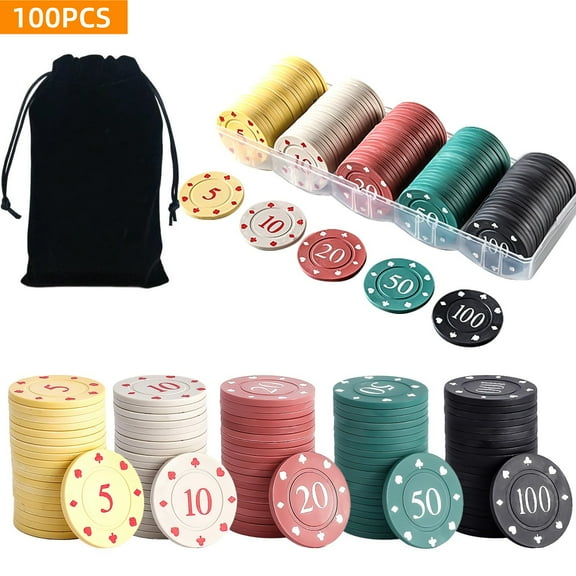 SPOKKI 100-Piece Poker Chips Set with Deck Box & Black Velvet Pouch Bag, Plastic Learning Counters Disks and Learning Math Counting Chips,Game Night Party Supplies