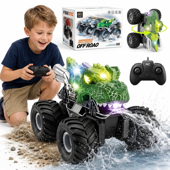 UUSUOO Dinosaur Remote Control Car,Waterproof Monster Truck Toys with Spray Water & Lights, 2.4GHz All-Terrain RC Truck Toys for Boys 4-7, Christmas Birthday Gifts for Boys Girls 3