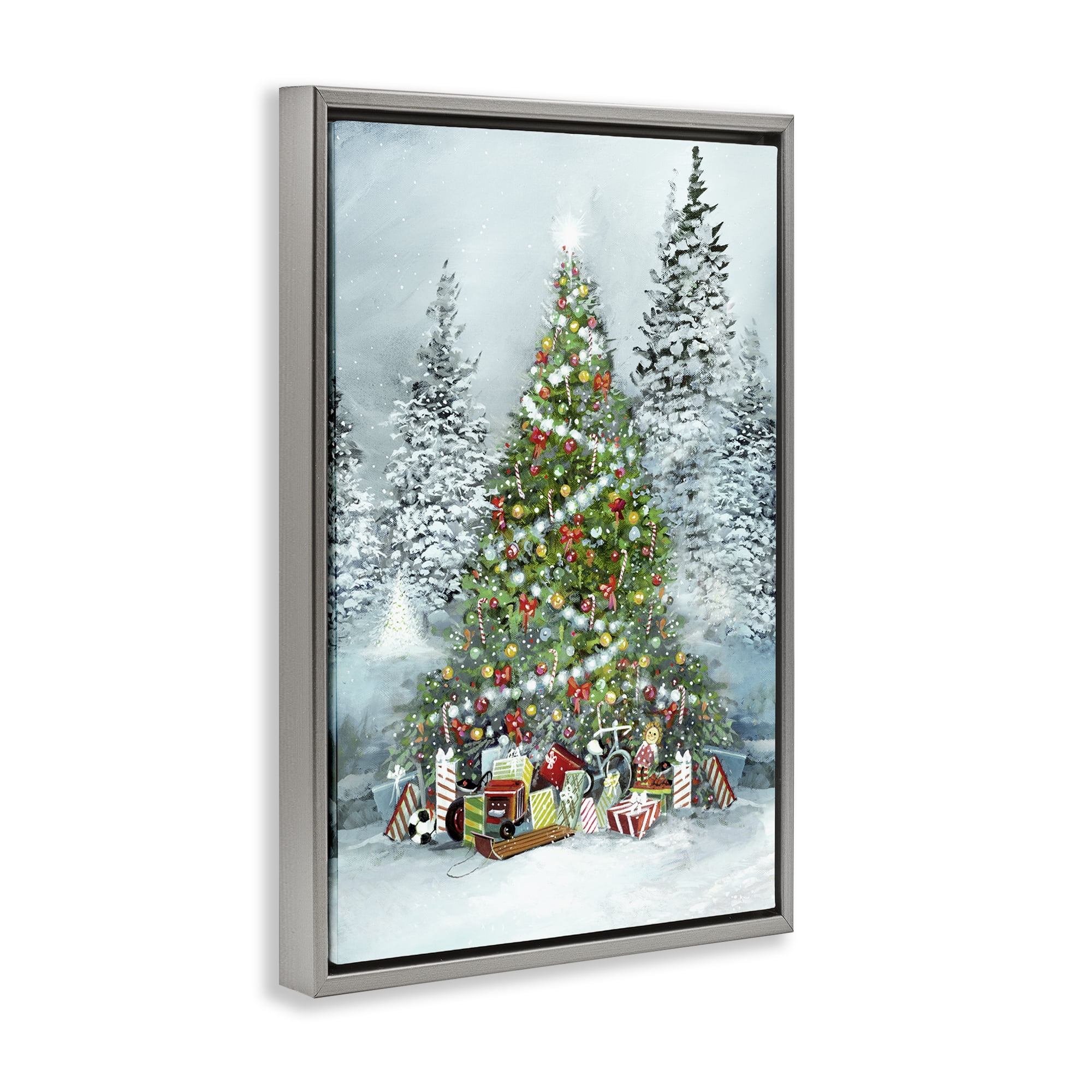 Stupell Industries Mistletoe Kisses Phrase Holiday Painting Gray Floater Framed Canvas Art Prints Wall Art, 21 x 31