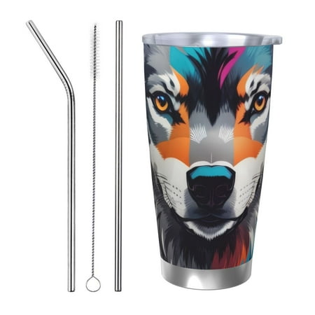 

Goofa Tie-Dye Wolf Head for 20 oz Skinny Tumbler Stainless Steel Coffee Mug Slim Vacuum Insulated Travel Cup Car Cup-Straw Three-piece Set
