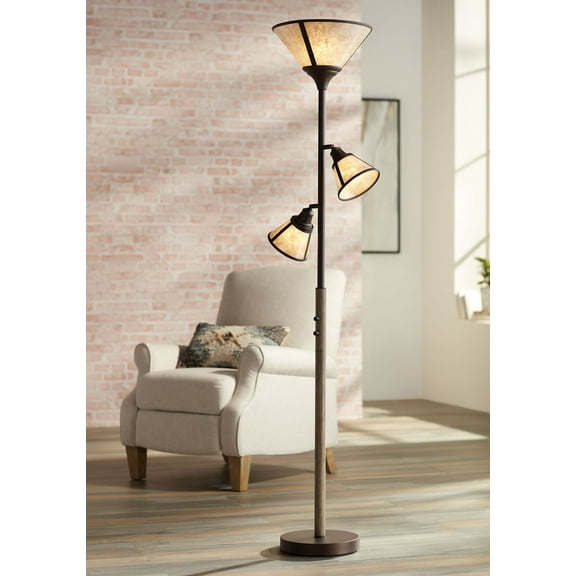 Franklin Iron Works Plymouth Rustic Farmhouse Torchiere Floor Lamp with Side Lights 72" Tall Bronze Faux Wood Mica Shade for Living Room Reading House