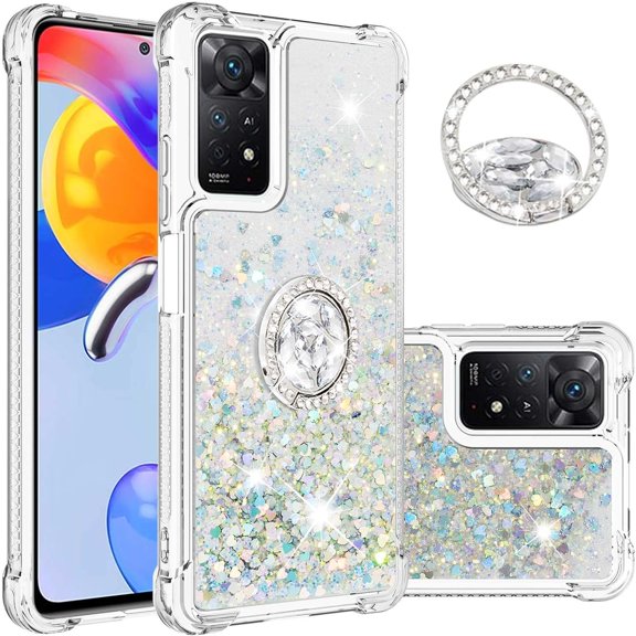 for Xiaomi Note 11 Pro Glitter Case with Ring Holder, Bling Sparkle Floating Liquid Soft TPU Cushion Fashion Clear Case Cover for Xiaomi Note 11 Pro/Note 11 Pro Silver