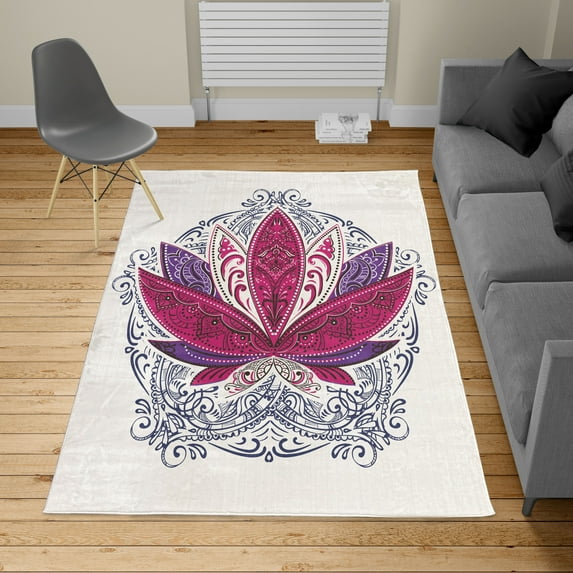 Lotus Turkish Area Rug, Flower Bloom Ornaments Exotic Petals Oriental Traditional Boho Design, Soft Carpet for Living Room Decor with Distressed Look, 6.6' X 9.6', Dark Magenta, by Ambesonne