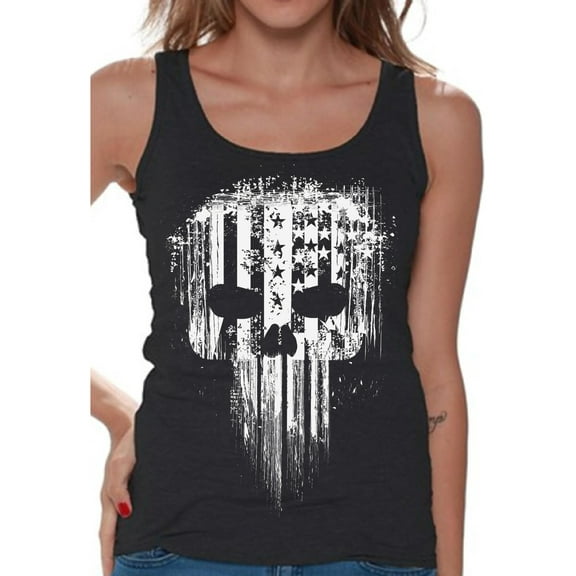 Awkward Styles White Skull Tank Top for Women USA Flag Shirts for Ladies Sniper Patriotic Tanks for Her America Lovers Gifts Military American Flag American Reaper Women's T Shirt Skeleton Tank Top