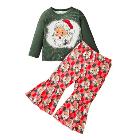

Suanret Kids Baby Girls 2Pcs Christmas Outfits Long Sleeve Santa Print Tops Checkerboard Pants Clothes Green 18-24 Months