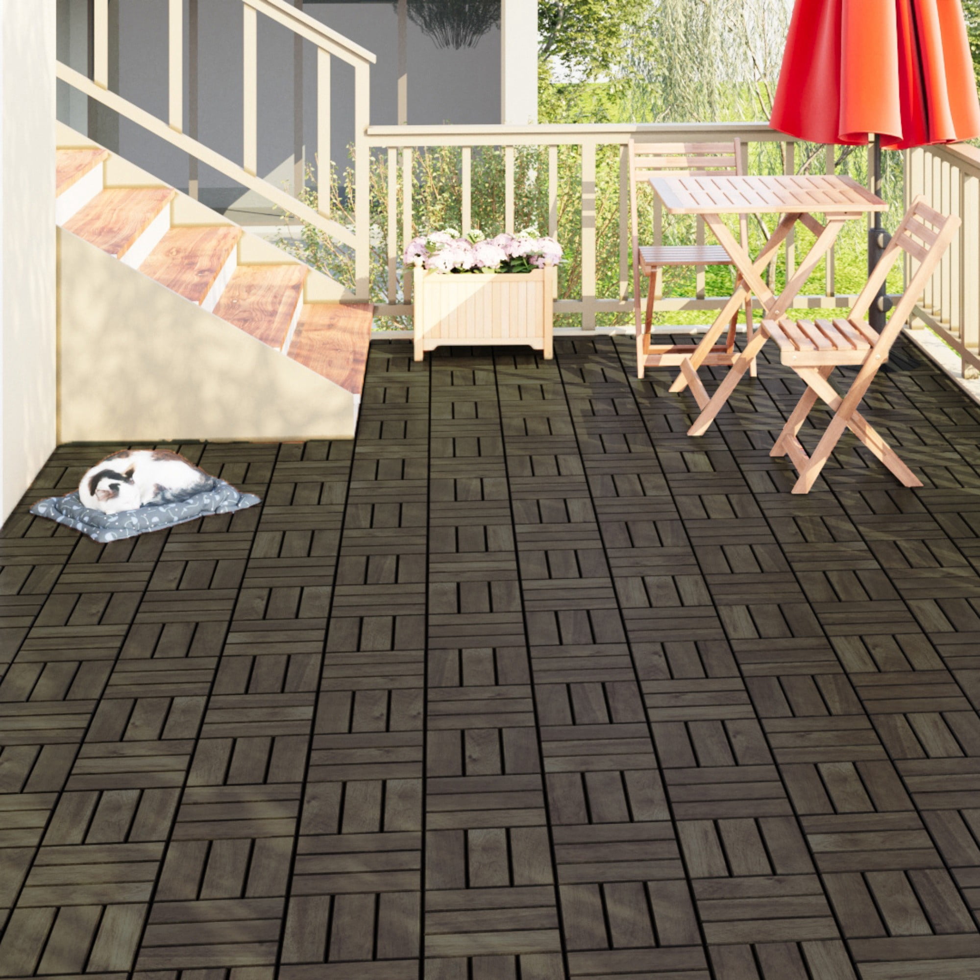 Miniyam 30 Pcs Interlocking Deck Tiles, 12" x 12", Acacia Wood, for Outdoor Balcony Garden, Dark Brown