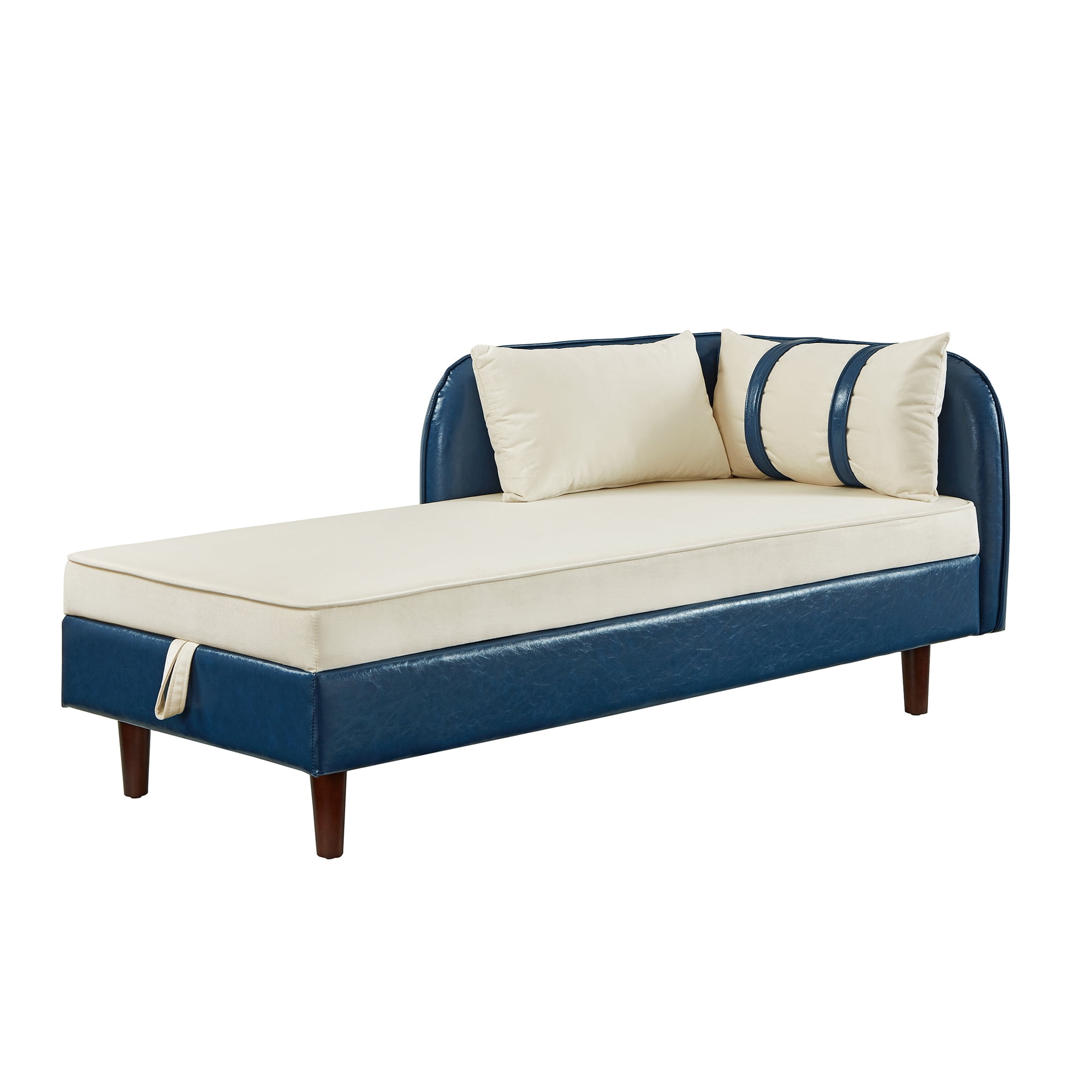 Aukfa 65" Storage Chaise Lounge Indoor Leather Sofa for Living Room Bedroom, Wooden Legs, 2 Pillows, Blue & Beige