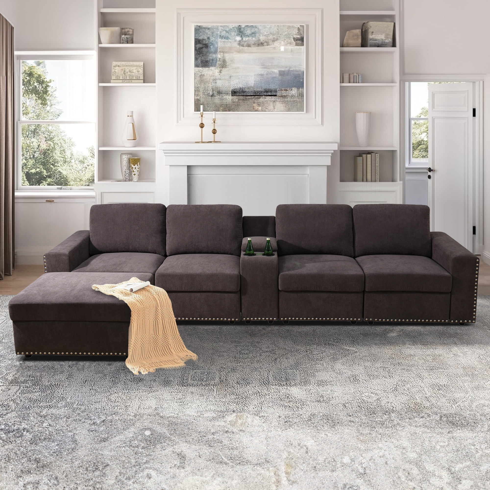Aukfa 130" Oversized Sectional Sofa w/ Cupholder & Console 4 Seat Couch with Ottoman for Living Room, Brown