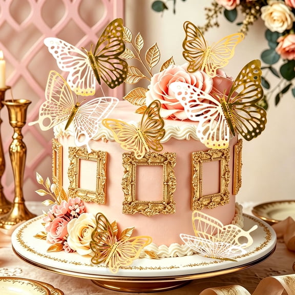 Vintage Gold Butterfly Themed Cake Decoration Set - Elegant Decor for Weddings, Birthdays, and Anniversary Parties