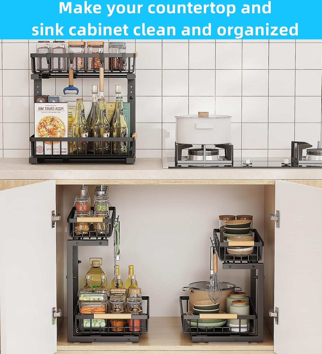2 Pack Under Sink Organizer, Large 2 Tier Under Sink Organizer Storage, Height Adjustable Metal Pull Out Cabinet Organizer, Sliding Storage for Kitchen/Bathroom/Laundry Room.