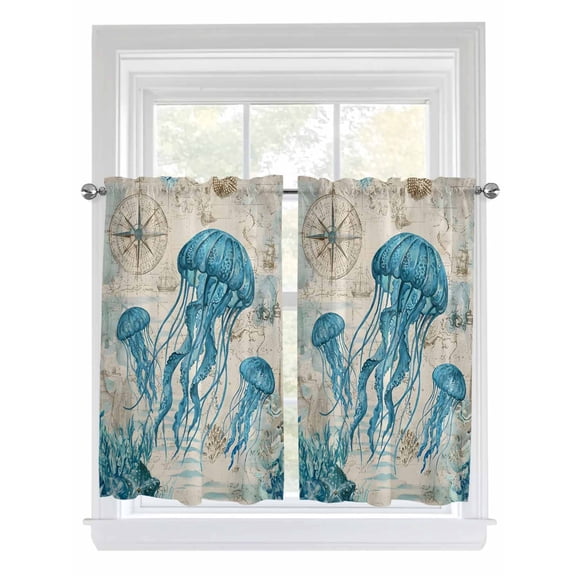 Teal Jellyfish Coastal Bathroom Window Curtain, Vintage Summer Beach Nautical Light Filtering Coffee Kitchen Curtains, Bedroom Living Room Curtains 2 Panel 84"x54"