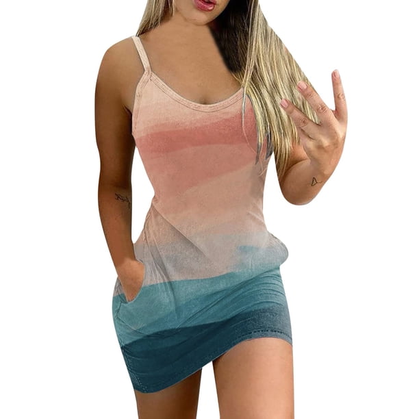 Vestidos Para Mujer Vestido Deslizante de Moda Sin Mangas Gradiente Flores Impresas Con Bolsillo en La Cintura Vestido de Verano Con Cuello en V Mini Vestido de Tirantes Odeerbi ODB164662