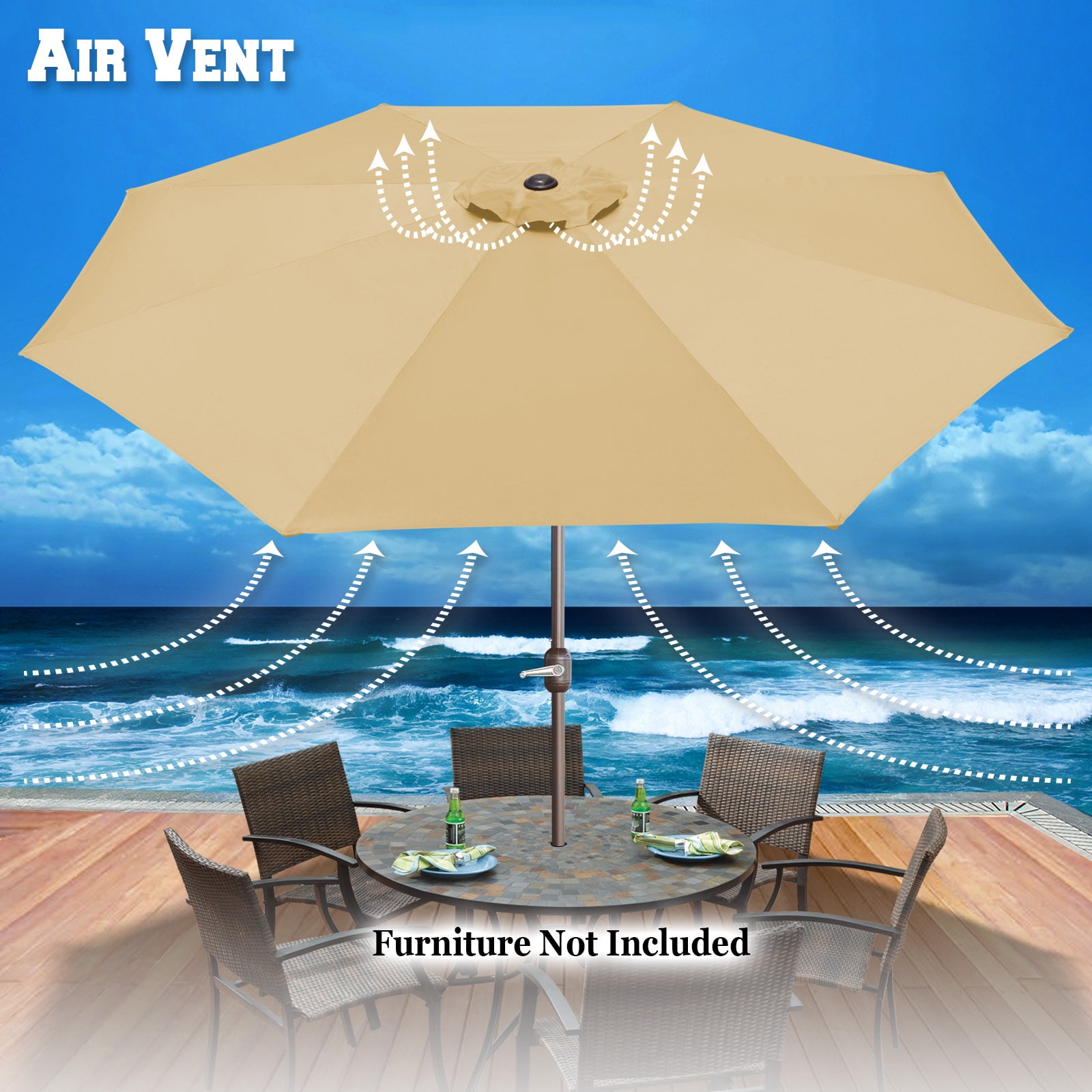Sunrise Outdoor 10' Patio Umbrella 8 ribs with Tilt and Crank Garden Parasol Market Sunshade Umbrella (Beige)