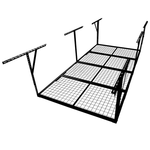 Display Shelves 3x8FT Overhead Garage Storage Rack, Heavy-Duty Metal Garage Ceiling Storage Rack, 22''-40" Adjustable Ceiling Drop-Down, 600 lb. Loading Weight Capacity, Black Color,Wooden Display Sh