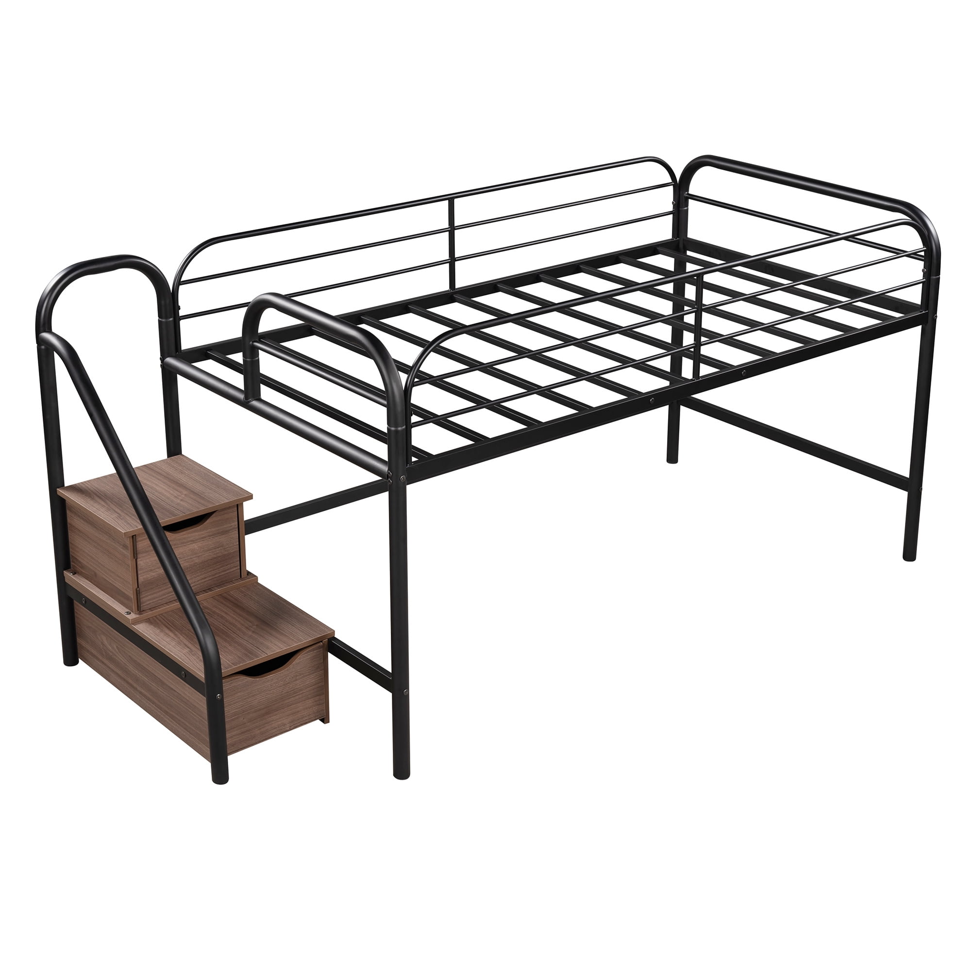 Low Loft Twin Metal Bed with 2 Big Storage Steps, Toddler Kids Modern Metal Bed Frame, Heavy Duty Bed, Multifunction Design Bed Bedroom Furniture, Space-Saving, No Box Spring Needed (Brown)