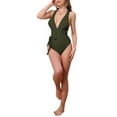 thumbnail image 2 of INSPIRAR CHIC Bikini Monokini de Cuello en V Profundo con Lazo Cruzado para Mujeres 1 Pieza Control de Abdomen Corte Alto Trajes de Baño Verde Militar, 2 of 5