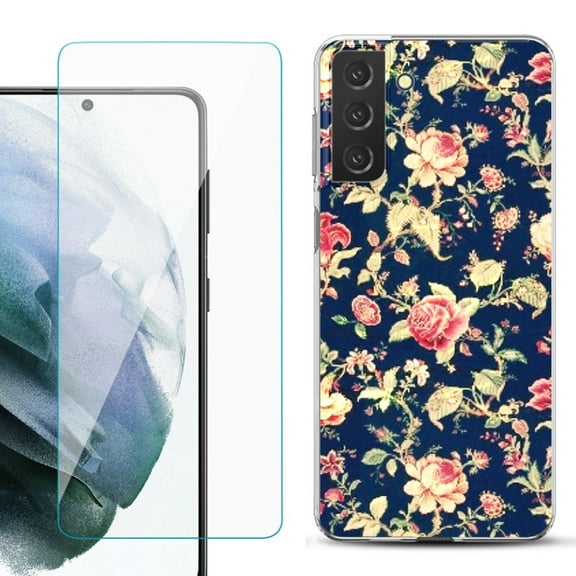 Slim-Fit TPU Fashion Phone Case for Samsung Galaxy S21 FE 5G Fan Edition, with Tempered Glass Screen Protector, by OneToughShield ® - Floral Garden