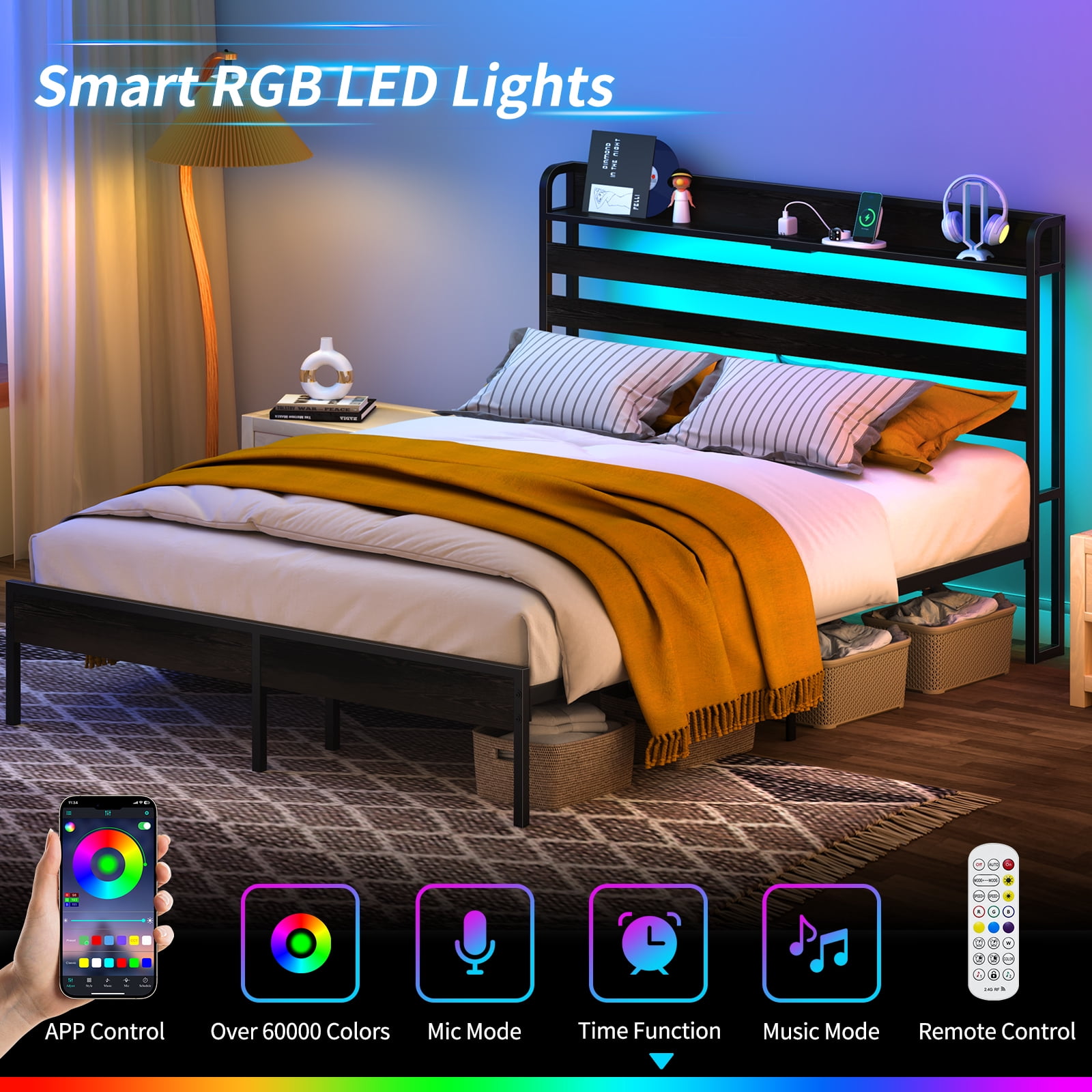 Yoobure Queen Bed Frame with USB Port&LED ,Standard Queen Size Bed Frame with Headboard,Black